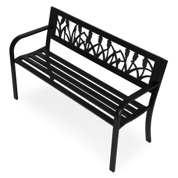 Kerti pad, MultiGarden WYI-XG279, fekete, 120 x 50 x75,5 cm, porfestett acél, háttámlával, virágmintás motívumokkal, teherbírás: 260 kg