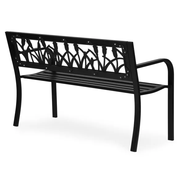 Kerti pad, MultiGarden WYI-XG279, fekete, 120 x 50 x75,5 cm, porfestett acél, háttámlával, virágmintás motívumokkal, teherbírás: 260 kg
