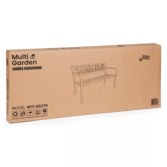 Kerti pad, MultiGarden WYI-XG279, fekete, 120 x 50 x75,5 cm, porfestett acél, háttámlával, virágmintás motívumokkal, teherbírás: 260 kg