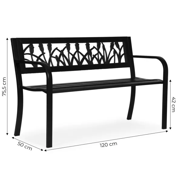Kerti pad, MultiGarden WYI-XG279, fekete, 120 x 50 x75,5 cm, porfestett acél, háttámlával, virágmintás motívumokkal, teherbírás: 260 kg