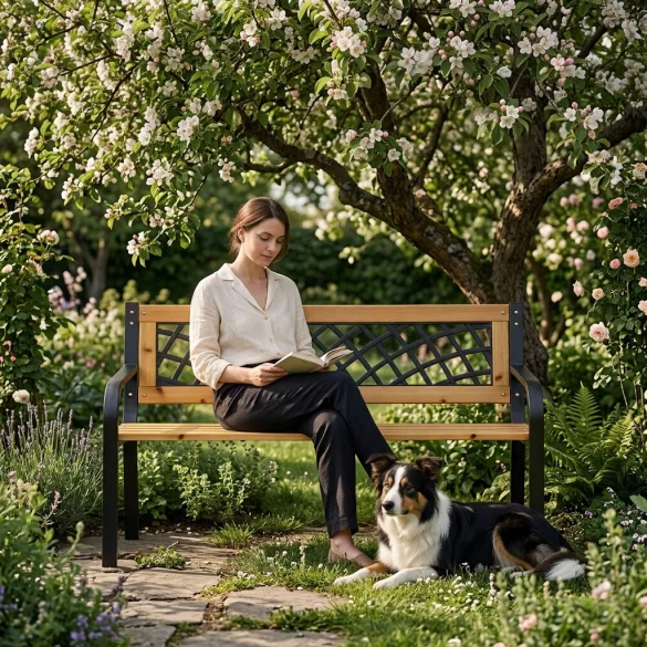 Kerti pad, MultiGarden WYI-XG2090, fekete, 118,5 x 52 x 73 cm, porfestett acél váz, fa ülőlap, áttört háttámla, PVC díszbetét, teherbírás: 260 kg