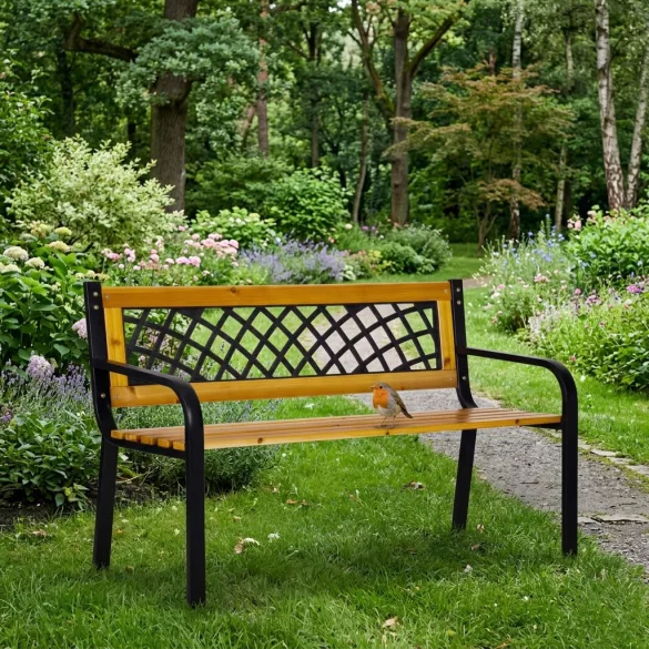 Kerti pad, MultiGarden WYI-XG2090, fekete, 118,5 x 52 x 73 cm, porfestett acél váz, fa ülőlap, áttört háttámla, PVC díszbetét, teherbírás: 260 kg