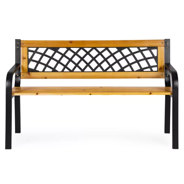 Kerti pad, MultiGarden WYI-XG2090, fekete, 118,5 x 52 x 73 cm, porfestett acél váz, fa ülőlap, áttört háttámla, PVC díszbetét, teherbírás: 260 kg