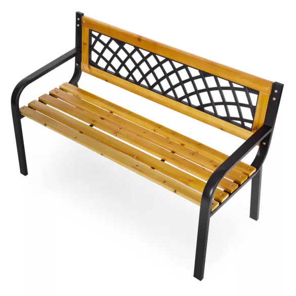 Kerti pad, MultiGarden WYI-XG2090, fekete, 118,5 x 52 x 73 cm, porfestett acél váz, fa ülőlap, áttört háttámla, PVC díszbetét, teherbírás: 260 kg