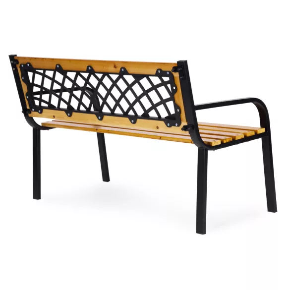Kerti pad, MultiGarden WYI-XG2090, fekete, 118,5 x 52 x 73 cm, porfestett acél váz, fa ülőlap, áttört háttámla, PVC díszbetét, teherbírás: 260 kg