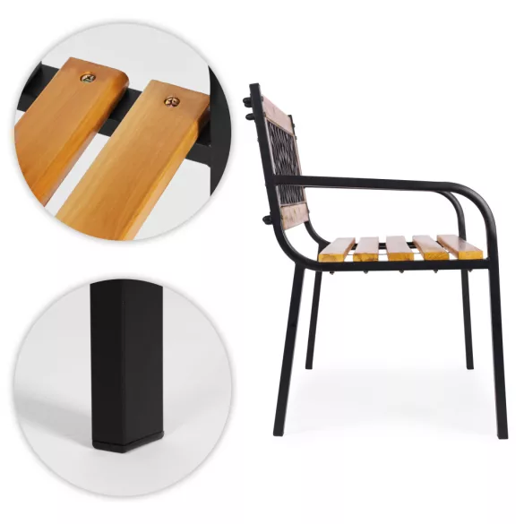 Kerti pad, MultiGarden WYI-XG2090, fekete, 118,5 x 52 x 73 cm, porfestett acél váz, fa ülőlap, áttört háttámla, PVC díszbetét, teherbírás: 260 kg