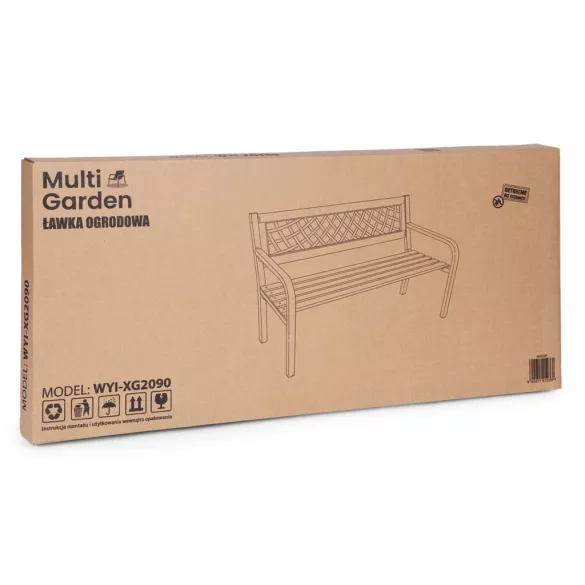 Kerti pad, MultiGarden WYI-XG2090, fekete, 118,5 x 52 x 73 cm, porfestett acél váz, fa ülőlap, áttört háttámla, PVC díszbetét, teherbírás: 260 kg