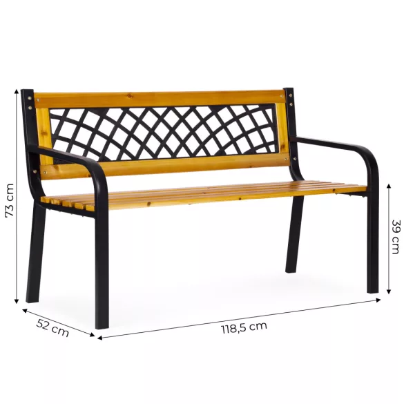 Kerti pad, MultiGarden WYI-XG2090, fekete, 118,5 x 52 x 73 cm, porfestett acél váz, fa ülőlap, áttört háttámla, PVC díszbetét, teherbírás: 260 kg
