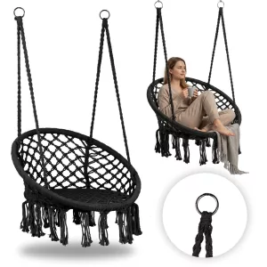 Függőszék, MultiGarden ESO-SW092-1, fekete, 40 × 62 cm ülés, magasság: 116 cm, fém váz, 3 mm kötélfonat, 120 kg teherbírás, beltéri/kültéri