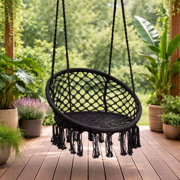 Függőszék, MultiGarden ESO-SW092-1, fekete, 40 × 62 cm ülés, magasság: 116 cm, fém váz, 3 mm kötélfonat, 120 kg teherbírás, beltéri/kültéri