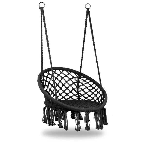 Függőszék, MultiGarden ESO-SW092-1, fekete, 40 × 62 cm ülés, magasság: 116 cm, fém váz, 3 mm kötélfonat, 120 kg teherbírás, beltéri/kültéri