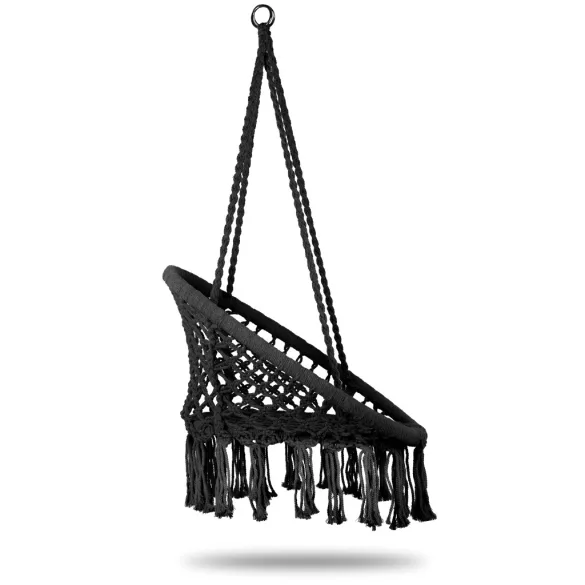 Függőszék, MultiGarden ESO-SW092-1, fekete, 40 × 62 cm ülés, magasság: 116 cm, fém váz, 3 mm kötélfonat, 120 kg teherbírás, beltéri/kültéri