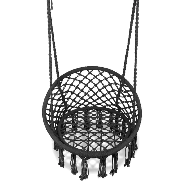 Függőszék, MultiGarden ESO-SW092-1, fekete, 40 × 62 cm ülés, magasság: 116 cm, fém váz, 3 mm kötélfonat, 120 kg teherbírás, beltéri/kültéri