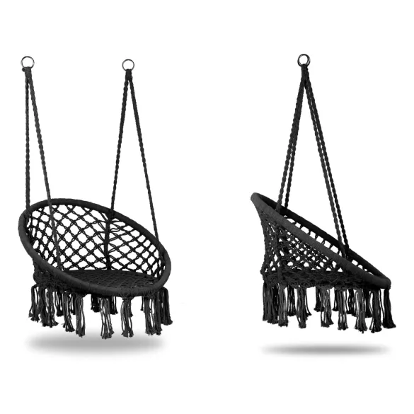 Függőszék, MultiGarden ESO-SW092-1, fekete, 40 × 62 cm ülés, magasság: 116 cm, fém váz, 3 mm kötélfonat, 120 kg teherbírás, beltéri/kültéri