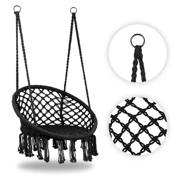 Függőszék, MultiGarden ESO-SW092-1, fekete, 40 × 62 cm ülés, magasság: 116 cm, fém váz, 3 mm kötélfonat, 120 kg teherbírás, beltéri/kültéri