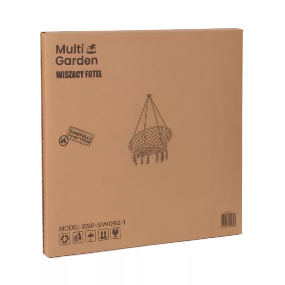 Függőszék, MultiGarden ESO-SW092-1, fekete, 40 × 62 cm ülés, magasság: 116 cm, fém váz, 3 mm kötélfonat, 120 kg teherbírás, beltéri/kültéri