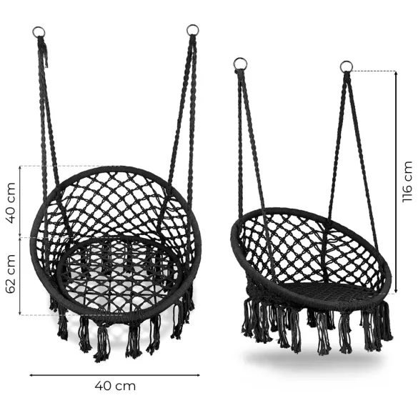Függőszék, MultiGarden ESO-SW092-1, fekete, 40 × 62 cm ülés, magasság: 116 cm, fém váz, 3 mm kötélfonat, 120 kg teherbírás, beltéri/kültéri