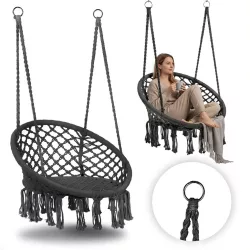   Függőszék, MultiGarden ESO-SW092-7-4, szürke, 40 × 62 cm ülés, magasság: 116 cm, fém váz, 3 mm kötélfonat, 120 kg teherbírás, beltéri/kültéri