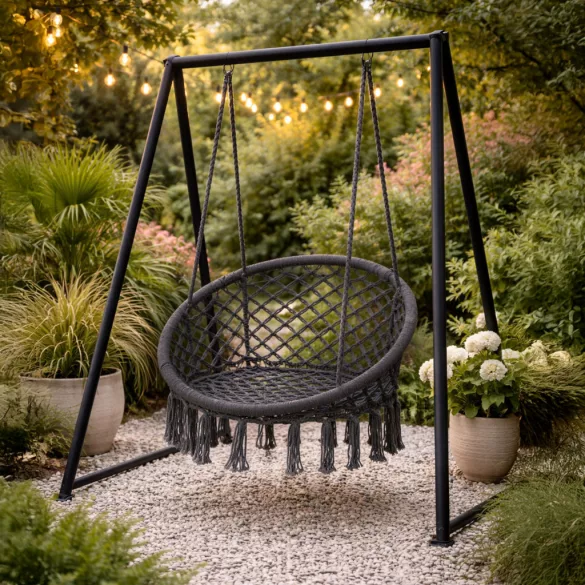 Függőszék, MultiGarden ESO-SW092-7-4, szürke, 40 × 62 cm ülés, magasság: 116 cm, fém váz, 3 mm kötélfonat, 120 kg teherbírás, beltéri/kültéri