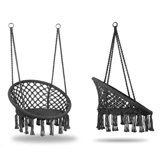 Függőszék, MultiGarden ESO-SW092-7-4, szürke, 40 × 62 cm ülés, magasság: 116 cm, fém váz, 3 mm kötélfonat, 120 kg teherbírás, beltéri/kültéri