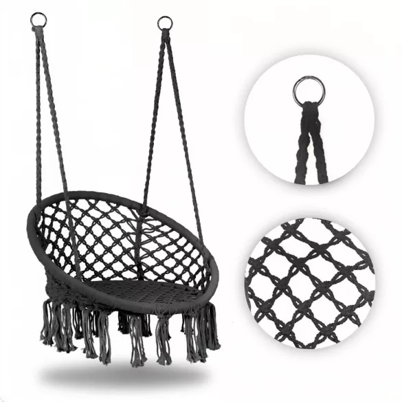 Függőszék, MultiGarden ESO-SW092-7-4, szürke, 40 × 62 cm ülés, magasság: 116 cm, fém váz, 3 mm kötélfonat, 120 kg teherbírás, beltéri/kültéri