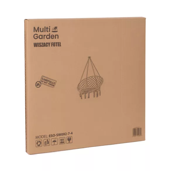 Függőszék, MultiGarden ESO-SW092-7-4, szürke, 40 × 62 cm ülés, magasság: 116 cm, fém váz, 3 mm kötélfonat, 120 kg teherbírás, beltéri/kültéri
