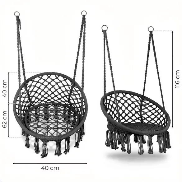 Függőszék, MultiGarden ESO-SW092-7-4, szürke, 40 × 62 cm ülés, magasság: 116 cm, fém váz, 3 mm kötélfonat, 120 kg teherbírás, beltéri/kültéri