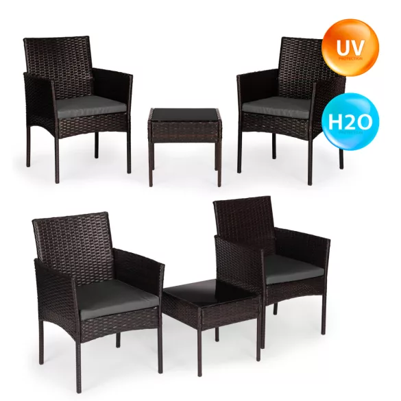 Bútorszett, MultiGarden ESO-F368-2-4, sötétbarna, rattan, időjárásálló, 3 részes, asztal 42 x 42 cm, 2 szék, acél váz, 5 mm edzett üveg asztallap, párnákkal