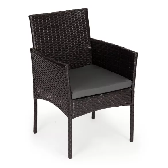Bútorszett, MultiGarden ESO-F368-2-4, sötétbarna, rattan, időjárásálló, 3 részes, asztal 42 x 42 cm, 2 szék, acél váz, 5 mm edzett üveg asztallap, párnákkal