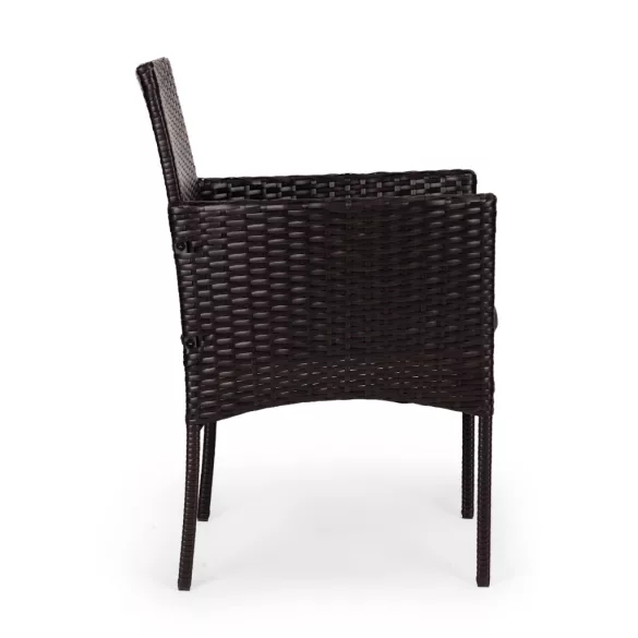 Bútorszett, MultiGarden ESO-F368-2-4, sötétbarna, rattan, időjárásálló, 3 részes, asztal 42 x 42 cm, 2 szék, acél váz, 5 mm edzett üveg asztallap, párnákkal