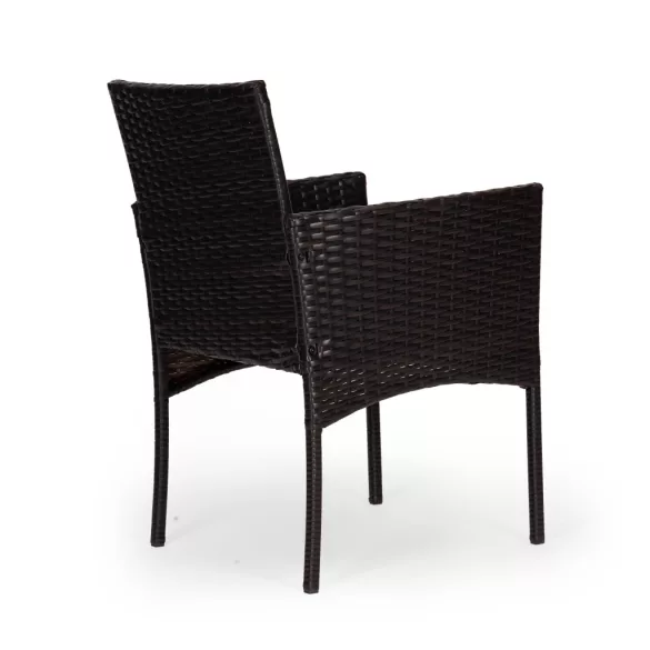 Bútorszett, MultiGarden ESO-F368-2-4, sötétbarna, rattan, időjárásálló, 3 részes, asztal 42 x 42 cm, 2 szék, acél váz, 5 mm edzett üveg asztallap, párnákkal