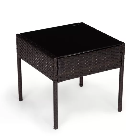 Bútorszett, MultiGarden ESO-F368-2-4, sötétbarna, rattan, időjárásálló, 3 részes, asztal 42 x 42 cm, 2 szék, acél váz, 5 mm edzett üveg asztallap, párnákkal