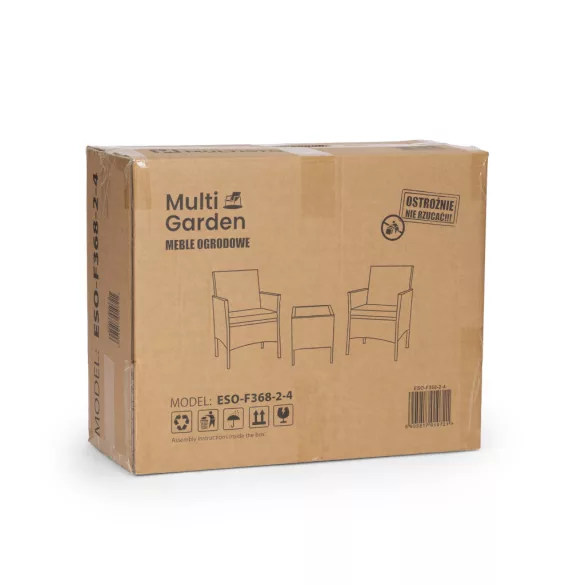 Bútorszett, MultiGarden ESO-F368-2-4, sötétbarna, rattan, időjárásálló, 3 részes, asztal 42 x 42 cm, 2 szék, acél váz, 5 mm edzett üveg asztallap, párnákkal