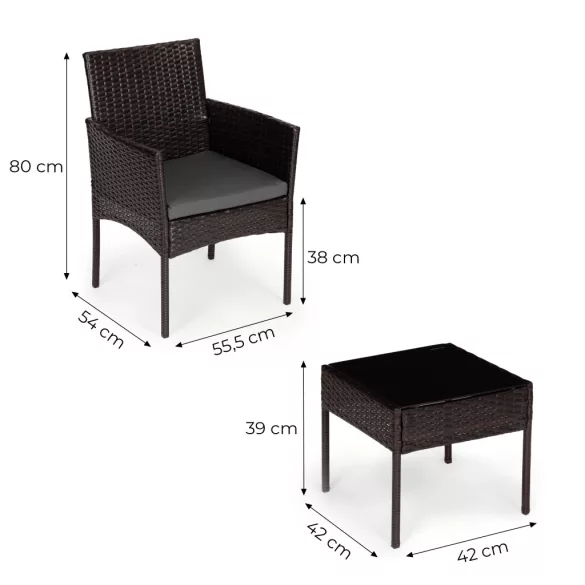 Bútorszett, MultiGarden ESO-F368-2-4, sötétbarna, rattan, időjárásálló, 3 részes, asztal 42 x 42 cm, 2 szék, acél váz, 5 mm edzett üveg asztallap, párnákkal