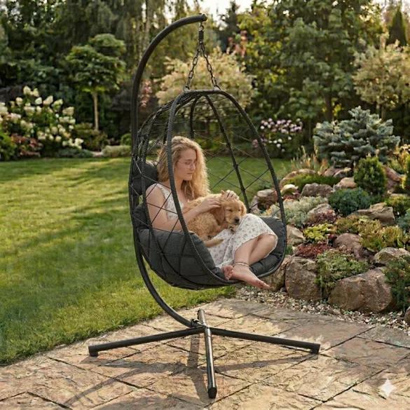 Függőszék, MultiGarden, ESO-C748-1-1, fekete, 94 x 52 cm ülés, magasság: 196 cm, állványos, fém váz, párnákkal, rattan fonat, 120 kg teherbírás