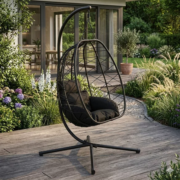 Függőszék, MultiGarden, ESO-C748-1-1, fekete, 94 x 52 cm ülés, magasság: 196 cm, állványos, fém váz, párnákkal, rattan fonat, 120 kg teherbírás