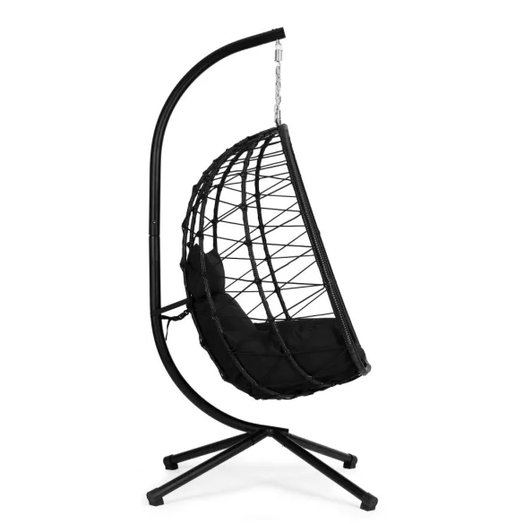 Függőszék, MultiGarden, ESO-C748-1-1, fekete, 94 x 52 cm ülés, magasság: 196 cm, állványos, fém váz, párnákkal, rattan fonat, 120 kg teherbírás