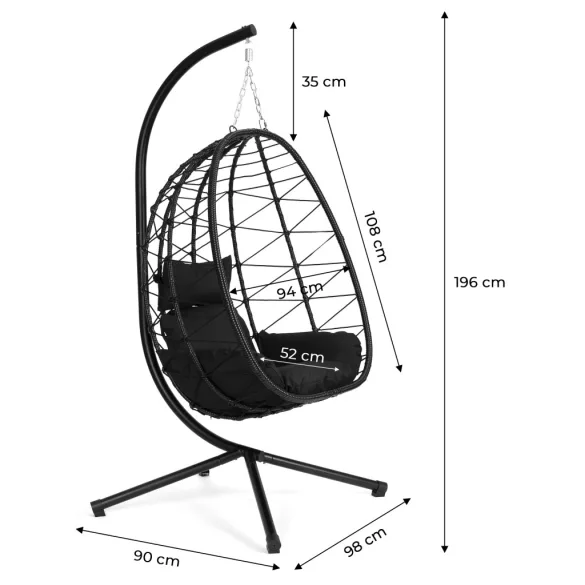 Függőszék, MultiGarden, ESO-C748-1-1, fekete, 94 x 52 cm ülés, magasság: 196 cm, állványos, fém váz, párnákkal, rattan fonat, 120 kg teherbírás