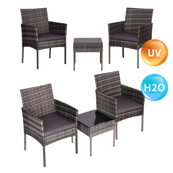 Kerti bútorszett, MultiGarden ESO-F368-4-4, szürke, rattan, időjárásálló, 3 részes, asztal 42 x 42 cm, 2 szék, acél váz, 5 mm edzett üveg asztallap, párnákkal