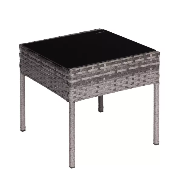 Kerti bútorszett, MultiGarden ESO-F368-4-4, szürke, rattan, időjárásálló, 3 részes, asztal 42 x 42 cm, 2 szék, acél váz, 5 mm edzett üveg asztallap, párnákkal