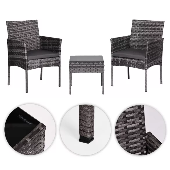 Kerti bútorszett, MultiGarden ESO-F368-4-4, szürke, rattan, időjárásálló, 3 részes, asztal 42 x 42 cm, 2 szék, acél váz, 5 mm edzett üveg asztallap, párnákkal