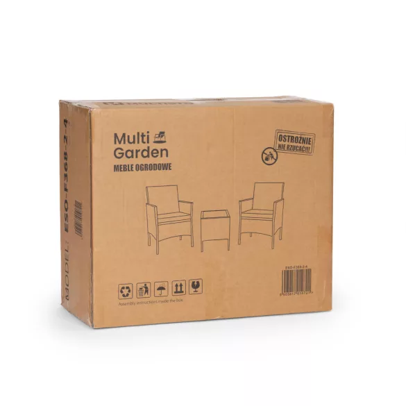 Kerti bútorszett, MultiGarden ESO-F368-4-4, szürke, rattan, időjárásálló, 3 részes, asztal 42 x 42 cm, 2 szék, acél váz, 5 mm edzett üveg asztallap, párnákkal