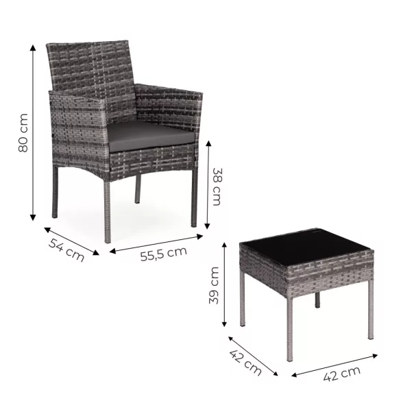 Kerti bútorszett, MultiGarden ESO-F368-4-4, szürke, rattan, időjárásálló, 3 részes, asztal 42 x 42 cm, 2 szék, acél váz, 5 mm edzett üveg asztallap, párnákkal