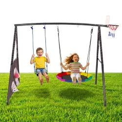   Gyerek fészekhinta állvánnyal, ECOTOYS JSP-SWD, 4 az 1-ben játszószett, 244 x 168 x 216 cm, fészekhinta 100 cm, laphinta, kosárgyűrű, pumpa és 2 labda, teherbírás: 140 kg