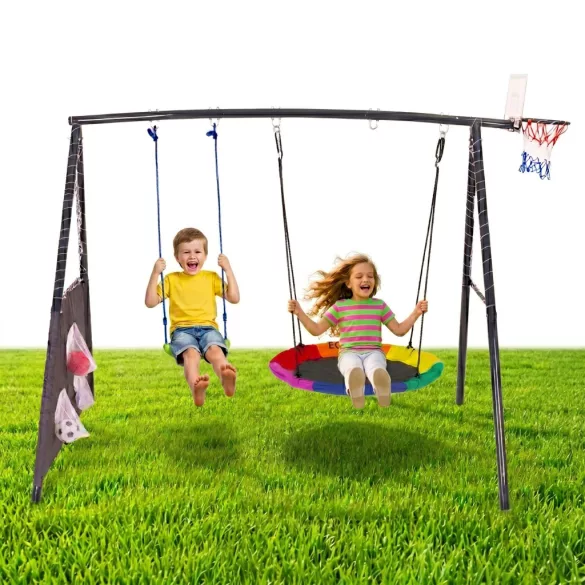 Gyerek fészekhinta állvánnyal, ECOTOYS JSP-SWD, 4 az 1-ben játszószett, 244 x 168 x 216 cm, fészekhinta 100 cm, laphinta, kosárgyűrű, pumpa és 2 labda, teherbírás: 140 kg