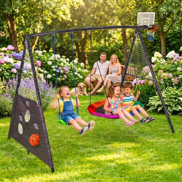 Gyerek fészekhinta állvánnyal, ECOTOYS JSP-SWD, 4 az 1-ben játszószett, 244 x 168 x 216 cm, fészekhinta 100 cm, laphinta, kosárgyűrű, pumpa és 2 labda, teherbírás: 140 kg