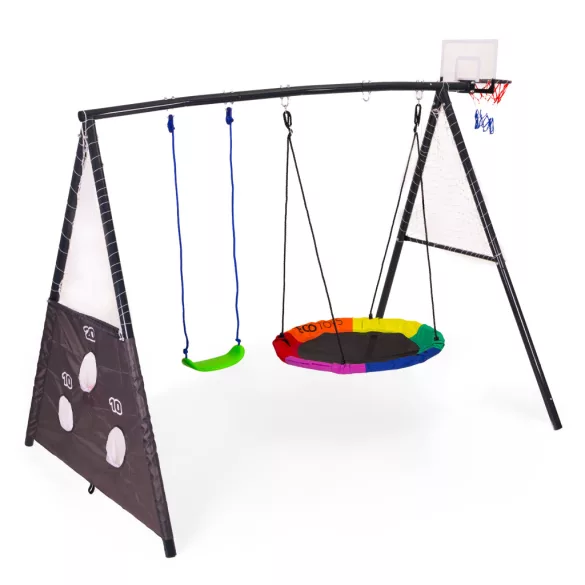 Gyerek fészekhinta állvánnyal, ECOTOYS JSP-SWD, 4 az 1-ben játszószett, 244 x 168 x 216 cm, fészekhinta 100 cm, laphinta, kosárgyűrű, pumpa és 2 labda, teherbírás: 140 kg