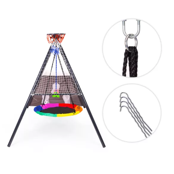 Gyerek fészekhinta állvánnyal, ECOTOYS JSP-SWD, 4 az 1-ben játszószett, 244 x 168 x 216 cm, fészekhinta 100 cm, laphinta, kosárgyűrű, pumpa és 2 labda, teherbírás: 140 kg
