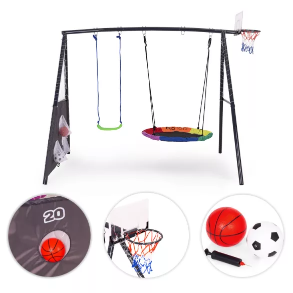 Gyerek fészekhinta állvánnyal, ECOTOYS JSP-SWD, 4 az 1-ben játszószett, 244 x 168 x 216 cm, fészekhinta 100 cm, laphinta, kosárgyűrű, pumpa és 2 labda, teherbírás: 140 kg