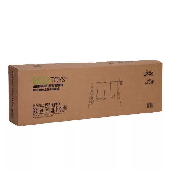 Gyerek fészekhinta állvánnyal, ECOTOYS JSP-SWD, 4 az 1-ben játszószett, 244 x 168 x 216 cm, fészekhinta 100 cm, laphinta, kosárgyűrű, pumpa és 2 labda, teherbírás: 140 kg